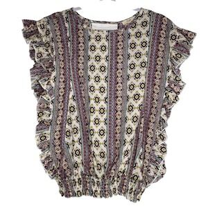 Easel Boho Ruffle Sleeve Smocked Hem Geometric Tribal Print Blouse Small